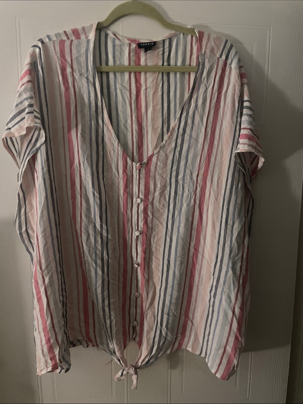 torrid Pink and Blue Striped Button-Front Tie-Hem Top